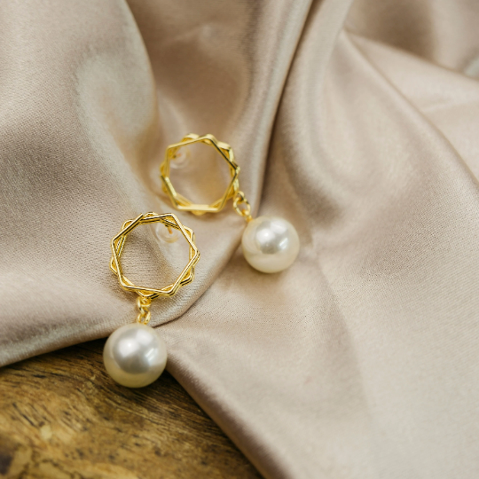 Gold Hexagon Freshwater Single White Large Pearl Dainty Drop Dangle Stud Earring