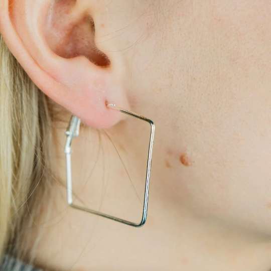 Black Small Thin Dainty Bar Threader Large Square Geometric Hoop Earrings