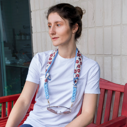 White Floral Print Cotton Scarf Reading Detachable EyeGlass Chain