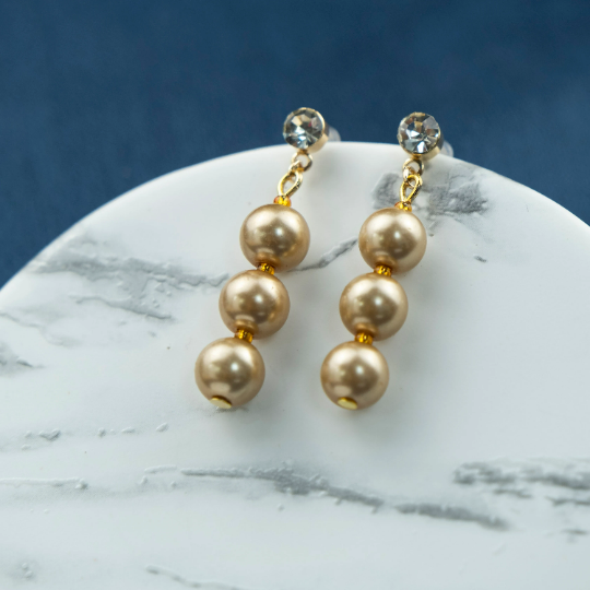 Three Gold Plated Lightweight Pearl Zircon Dainty Drop Stud Long Earrings