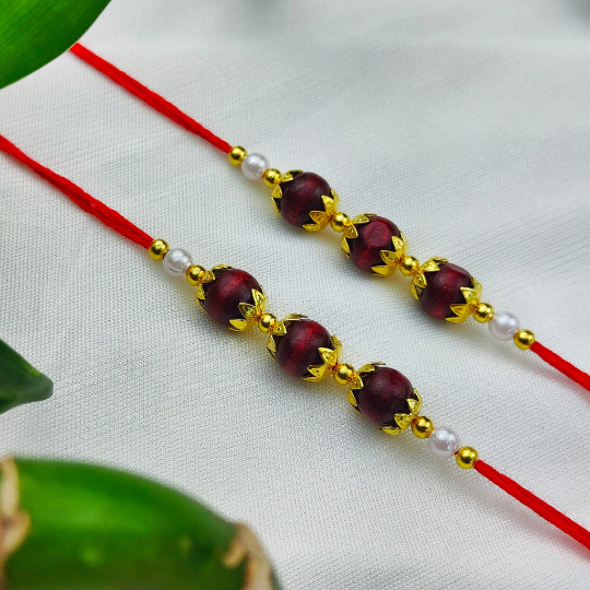 Golden Red Sandalwood Beaded Rakhi for Brother Raksha Bandhan