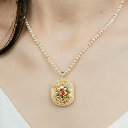 Green Pink Floral Indian Meenakari Enamel Stone Pearl Ethnic Pendant Necklace — Boho Jewellery UK | The Colourful Aura