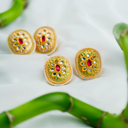Pink Floral Indian Meenakari Enamel Kundan Stone Studs Ethnic Earrings