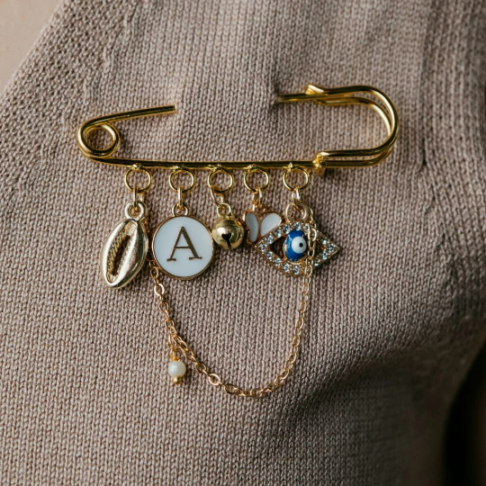 Personalised Initial Chain Charm Name Customised Evil Eye Cowrie Brooch Pin