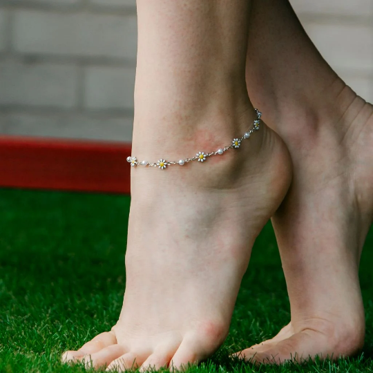 Silver White Daisy Summer Indie Boho Flower Pearl Adjustable Anklet