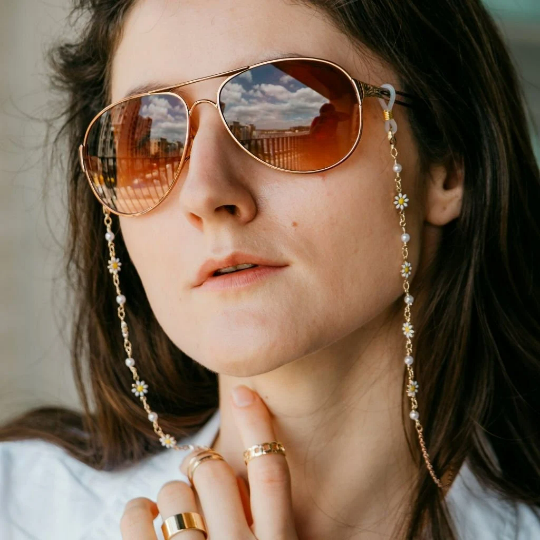 Gold White Sun Flower Daisy Sunglass Reading Eyeglass Lanyard Pearl Chain — Boho Jewellery UK | The Colourful Aura