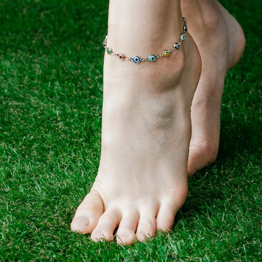 Silver Colourful Protection Greek Evil Eye Beaded Indian Nazaria Payal Anklet