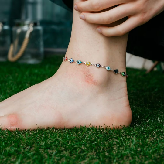 Gold Plated Colourful Evil Eye Protected Beaded Lucky Eye Payal Anklet