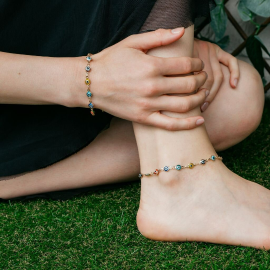 Gold Plated Colourful Evil Eye Protected Beaded Lucky Eye Payal Anklet