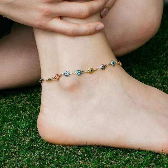 Gold Plated Colourful Evil Eye Protected Beaded Lucky Eye Payal Anklet — Boho Jewellery UK | The Colourful Aura