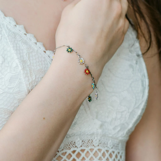 Colourful Rainbow Sun Flower Dangle Indie Boho Daisy Floral Charms Bracelet