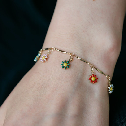 Colourful Rainbow Sun Flower Dangle Indie Boho Daisy Floral Charms Bracelet