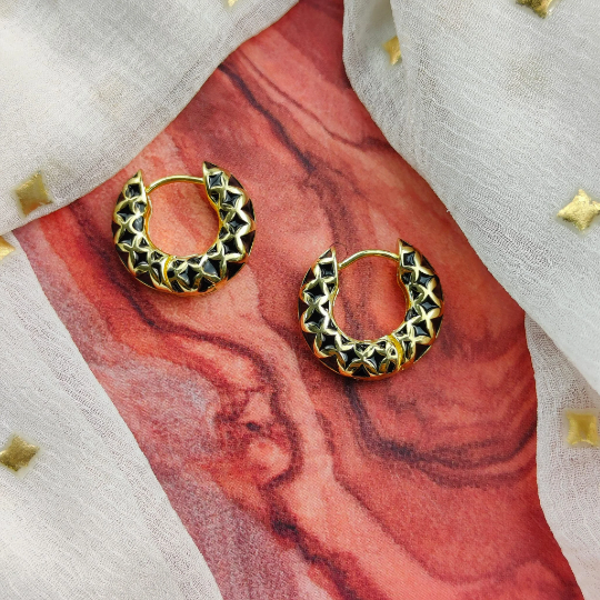 Stainless Steel Medium Black Enamel Huggie Multicolour Dainty Hoop Earrings (Close-up Detail) | The Colourful Aura
