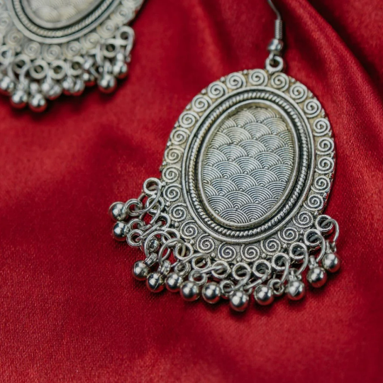 Silver Victorian Mirror Oval Dangle Oxidised Boho Ghungroo Drop Ethnic Earring