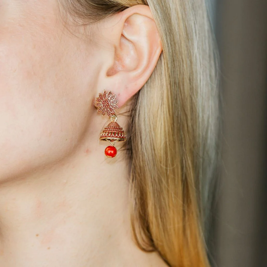 Small Pink Intricate Floral Colourful Asian Indian Ethnic Boho Bridal Jhumka