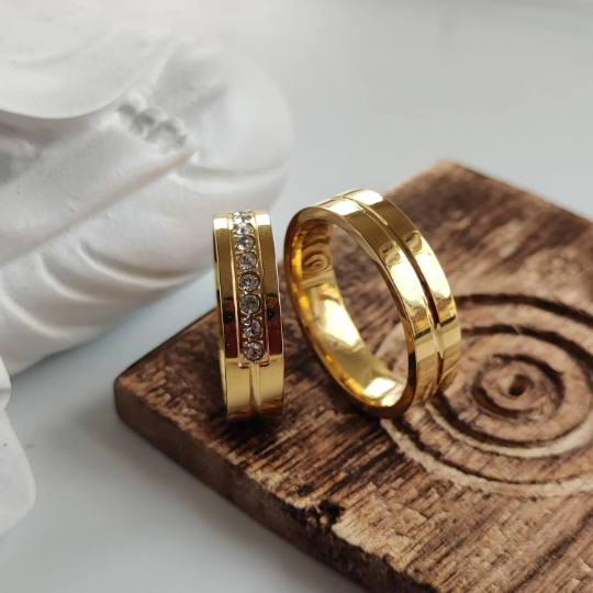Gold Couple Wide Zircon Promise Band Ring Set