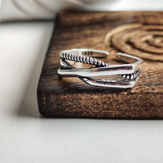 Sterling Silver Adjustable Stackable Geometric Angle Cut Boho Hexagon Ring