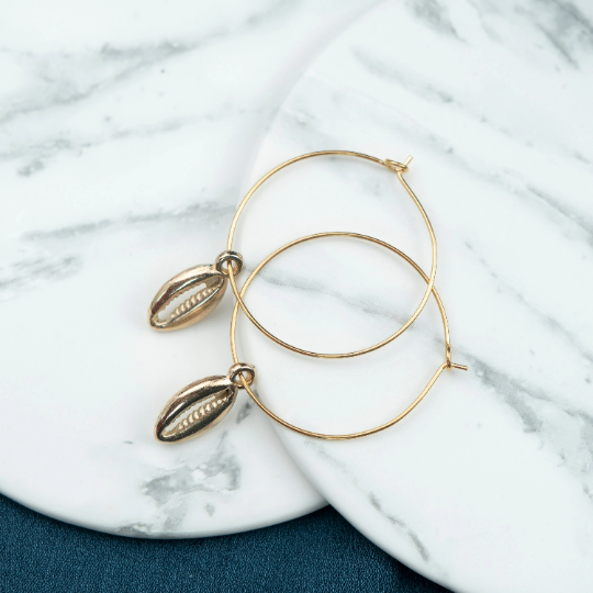 Gold Silver Cowrie Charm Sea Shell Lightweight Beach Boho Hoop Earrings — Boho Jewellery UK | The Colourful Aura