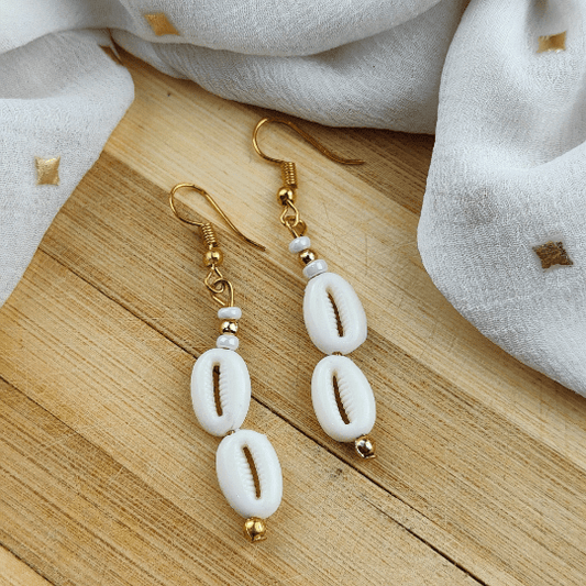 Cowrie Sea Shell Lightweight Minimalist Beach Dainty White Drop Hook Earring