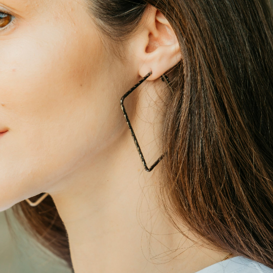Black Large Hammered Square Geometric Large Dainty Threader Statement Hoop — Boho Jewellery UK | The Colourful Aura