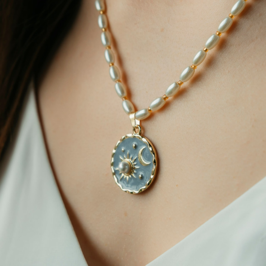 Sun Moon Pearl Round Sunstone Dangle Sky Star Circle Pearl Pendant Necklace