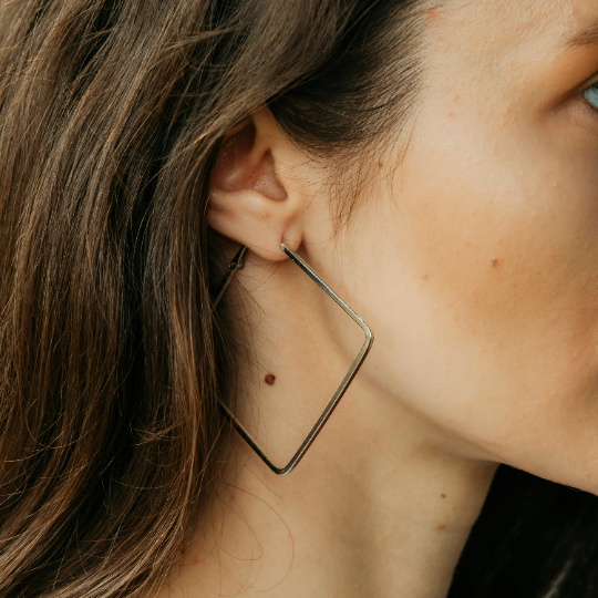Silver Thin Line Square Geometric Large Dainty Threader Statement Hoop Earrings — Boho Jewellery UK | The Colourful Aura