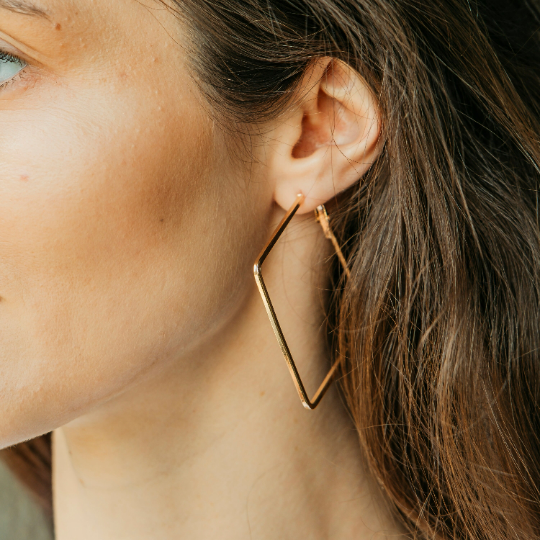 Gold Silver Thin Line Square Geometric Large Dainty Threader Statement Hoop (Close-up Detail) | The Colourful Aura