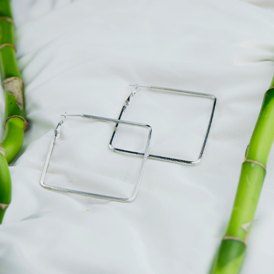 Silver Thin Line Square Geometric Large Dainty Threader Statement Hoop Earrings