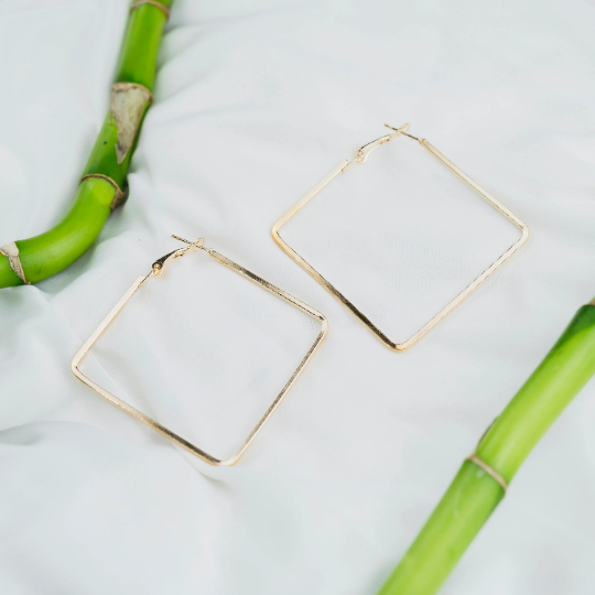 Silver Thin Line Square Geometric Large Dainty Threader Statement Hoop Earrings