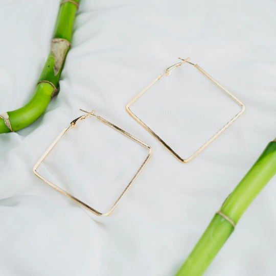 Gold Hammered Square Geometric Large Dainty Threader Statement Hoop Earrings