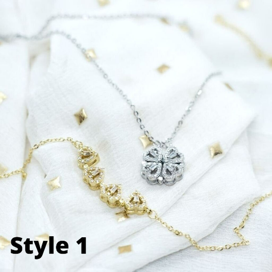 Four Heart Magnet Foldable Floral Zircon Crystal Pendant Necklace