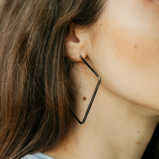 Silver Thin Line Square Geometric Large Dainty Threader Statement Hoop Earrings