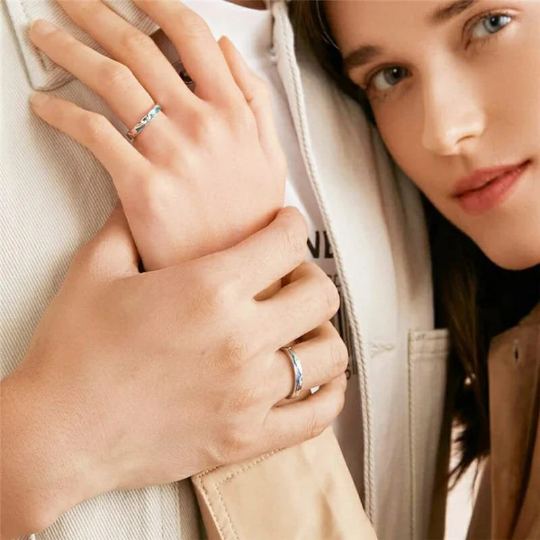 Adjustable Silver Sea Wave Enamel Couple Promise Ring Set