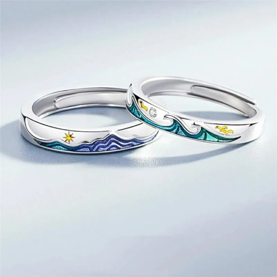 Adjustable Silver Sea Wave Enamel Couple Promise Ring Set