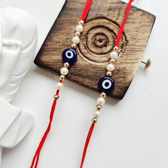 Evil Eye Bead White Pearl Rakhi for Raksha Bandhan | Personalised Rakhi for Brother