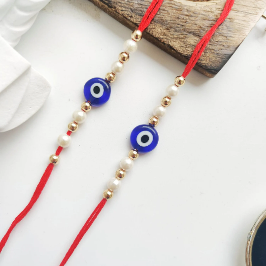 Evil Eye Bead White Pearl Rakhi for Raksha Bandhan | Personalised Rakhi for Brother