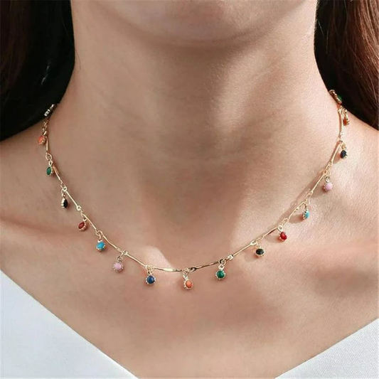 Gold and Silver Colourful Dainty Rainbow Dangly Choker Necklace