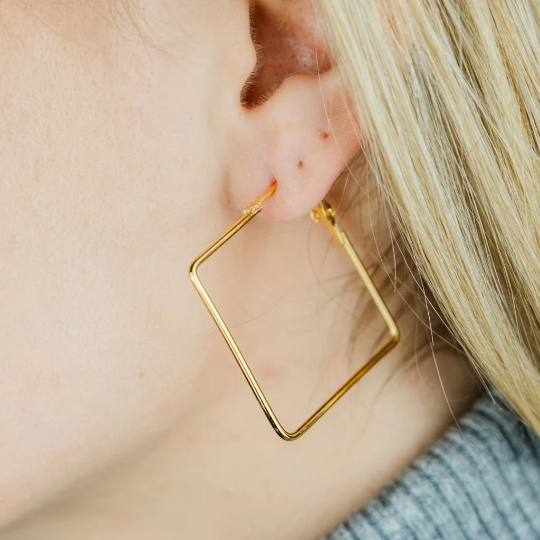Gold Small Thin Dainty Bar Threader Large Square Geometric Hoop Earrings