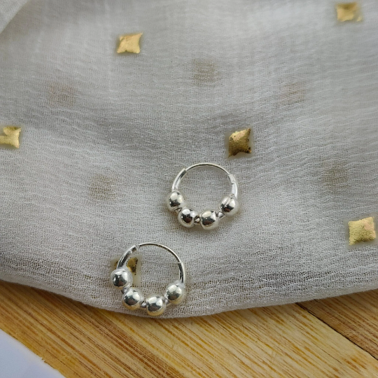 Pure Silver Four Ball Small Tiny Bali Steampunk Dainty Statement Hoop Earrings