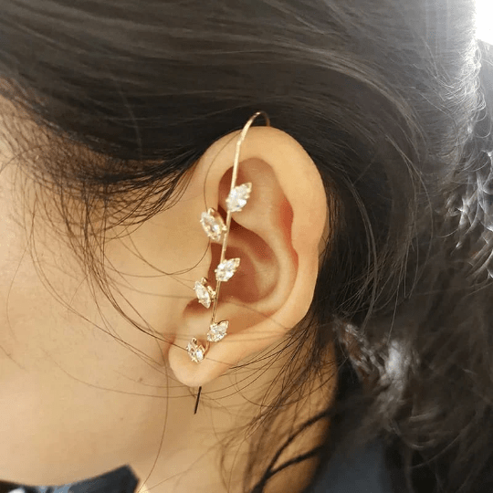 Gold and Silver Leaf Ear Wrap Crawler Ear Climber Zircon Hook Earring