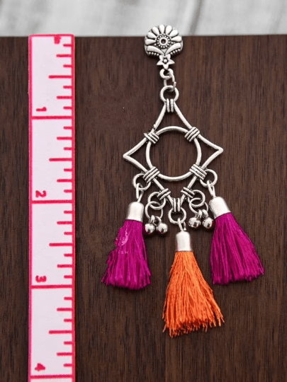Long Geometric Pink Orange Oxidised Drop Ethnic Indian Bridal Tassel Danglers