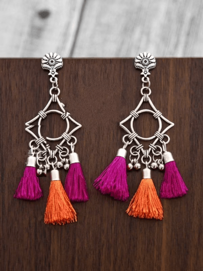 Long Geometric Pink Orange Oxidised Drop Ethnic Indian Bridal Tassel Danglers