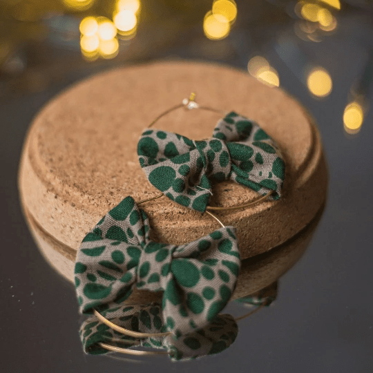 Large 30mm Gold Handmade Printed Fabric Boho Bow Tribal Dainty Hoop Earrings