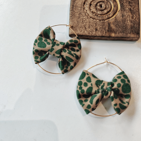 Large 30mm Gold Handmade Printed Fabric Boho Bow Tribal Dainty Hoop Earrings