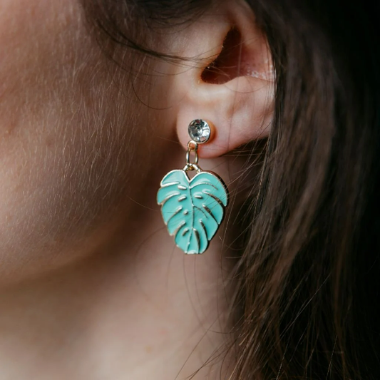 Green Tropical Feather Leaf Zircon Charm Dangle Drop Stud Statement Earrings