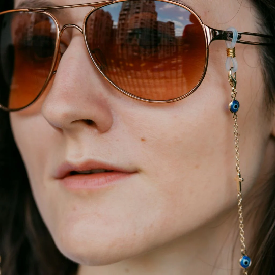 Gold Silver Evil Eye Christian Cross Protection Summer Reading Eyeglass Lanyard (Close-up Detail) | The Colourful Aura