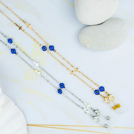 Silver Evil Eye Christian Cross Protection Summer Reading Eyeglass Lanyard