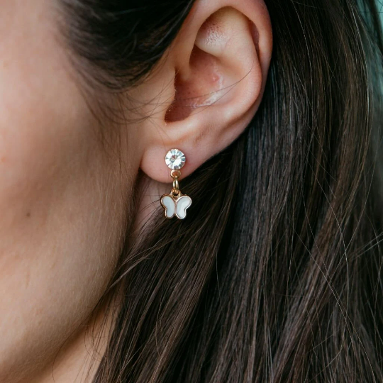 Small Tiny Dangle Zircon Butterfly Charm Ear Dainty Stud Handmade Earrings — Boho Jewellery UK | The Colourful Aura