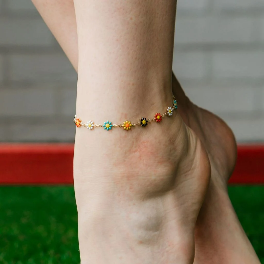 Silver Plated Daisy Sun Flower Charms  Indie Boho Daisy Floral Summer Anklet