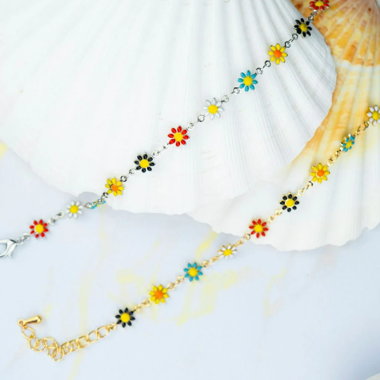 Silver Plated Daisy Sun Flower Charms  Indie Boho Daisy Floral Summer Anklet